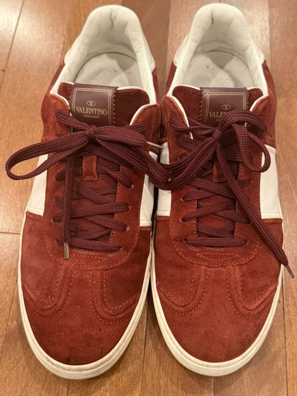 Valentino Garavani Men's Burgundy Suede Flycrew Sneakers Rockstud - Size 12/EU45